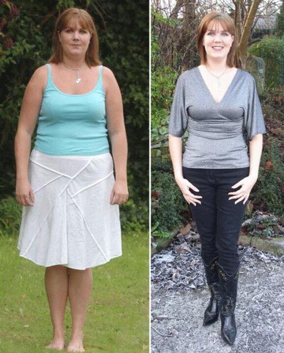 Ženska pred in po izgubi teže na kefirjevi dieti